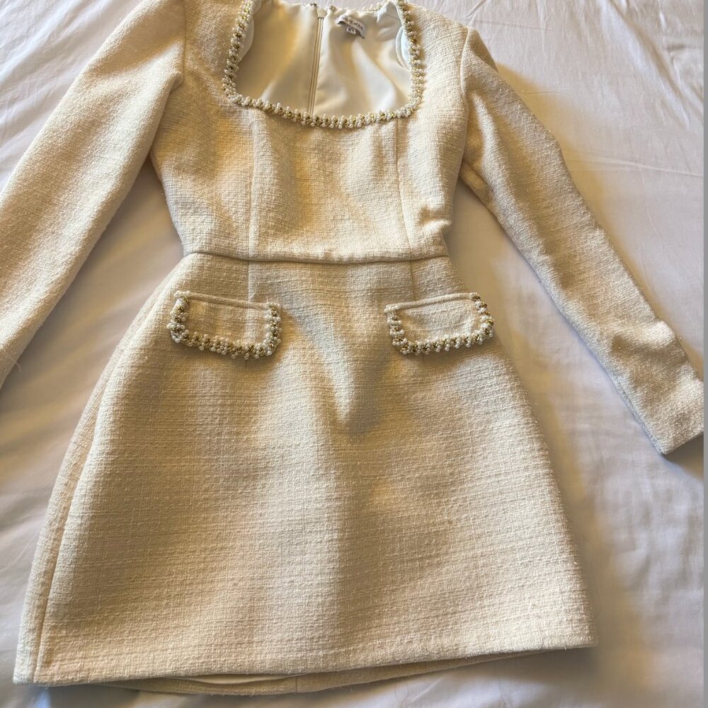 NADINE MERABI Natalie Short Cream Dress with Pearl and Gold Accents